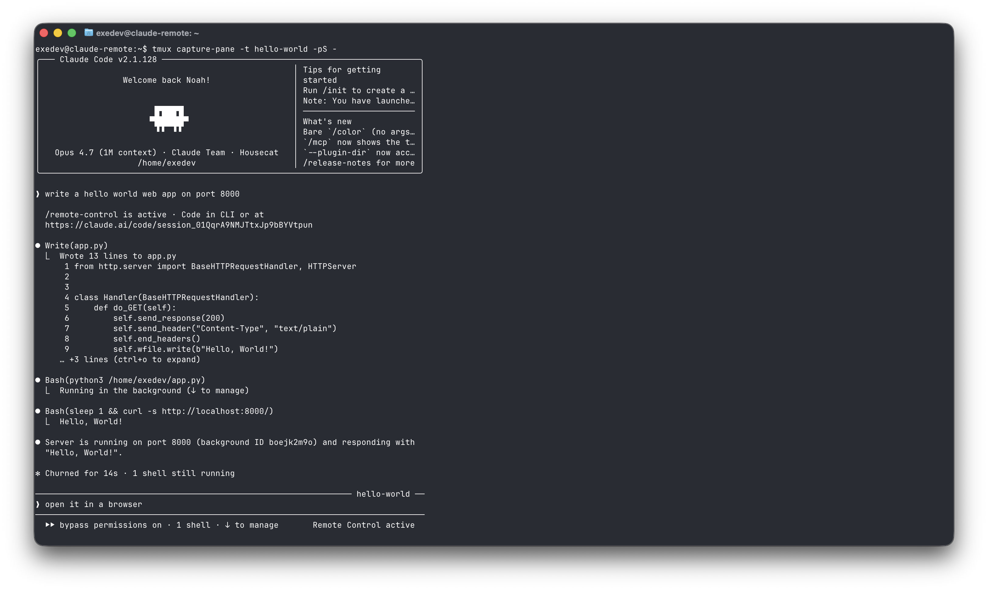 claude in tmux with remote control on