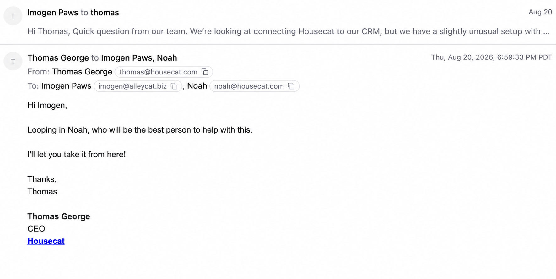 Expanded email state showing full addresses, copy actions, and detailed sent time